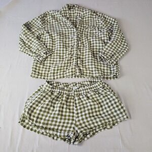 Piglet In Bed Green Gingham Linen Pajama Shorts Set Lounge Womens XL